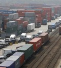 ICD piled with cargo containers and parked with trucks is seen after unionised truckers launched their general strike in Uiwan