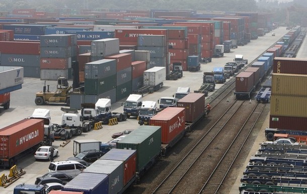 ICD piled with cargo containers and parked with trucks is seen after unionised truckers launched their general strike in Uiwan