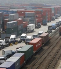 ICD piled with cargo containers and parked with trucks is seen after unionised truckers launched their general strike in Uiwan